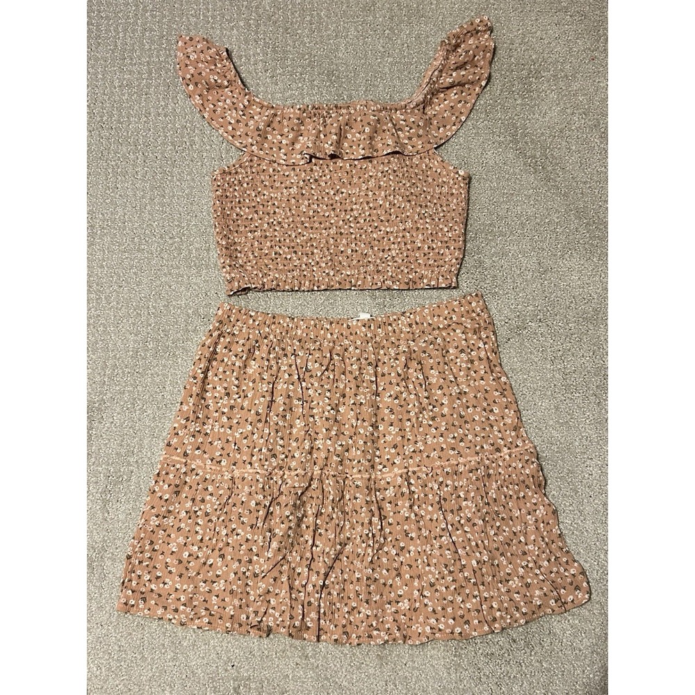 Hippie Rose Floral Smocked Crop Top and Tiered Mini Skirt Set Size Large